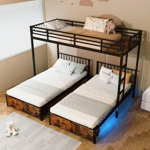 Triple Bunk Bed Twin Over Twin Bunk Bed for Teens with LED Lights and Charging Station, Heavy Duty Metal Bunk Beds with Safety Guardrail and Ladder, Noise Reduced Structure，Black