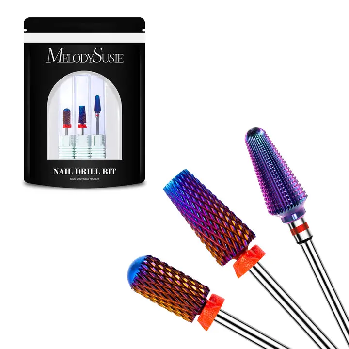 MelodySusie 3Pcs Nail Drill Bits Set, 3/32'' Carbide Tungsten Bits, 5 in 1, Smooth Round Top Large Barrel and Tornado Bits, Suitable for Manicure Pedicure Cuticle Gel Acrylic Remover