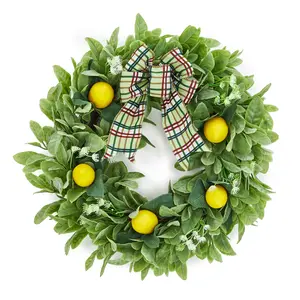 20 Inch 4-in-1 Artificial Lemon Wreath with Yellow Lemons Lamb's Ear Leaves Dandelions Plaid Bow Fade Resistant Handcrafted Farmhouse Front Door Wall Window Decor for Spring Summer Wedding Housewarming Gift