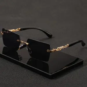 Luxury Rimless Rectangle Sunglasses | Gold Leopard Accents with Solid Black Lenses - Unisex Compact Square Shades, UV400 Protection, Perfect for Beach, Travel, Business & Bold Fashion Statements
