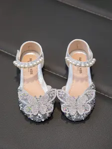 Girls' Baby Flat Shoes with Flat Sole and Crystal Embellishments, Sparkling Bow Decorated Princess Design Shoes, Perfect for Spring and Autumn Wear