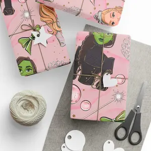 Wicked Wrapping Paper Christmas Birthday Gift Wrap Glinda Elphaba Witches Of Oz Pastel Pink Bows Tiara Bubbles Magic Wand