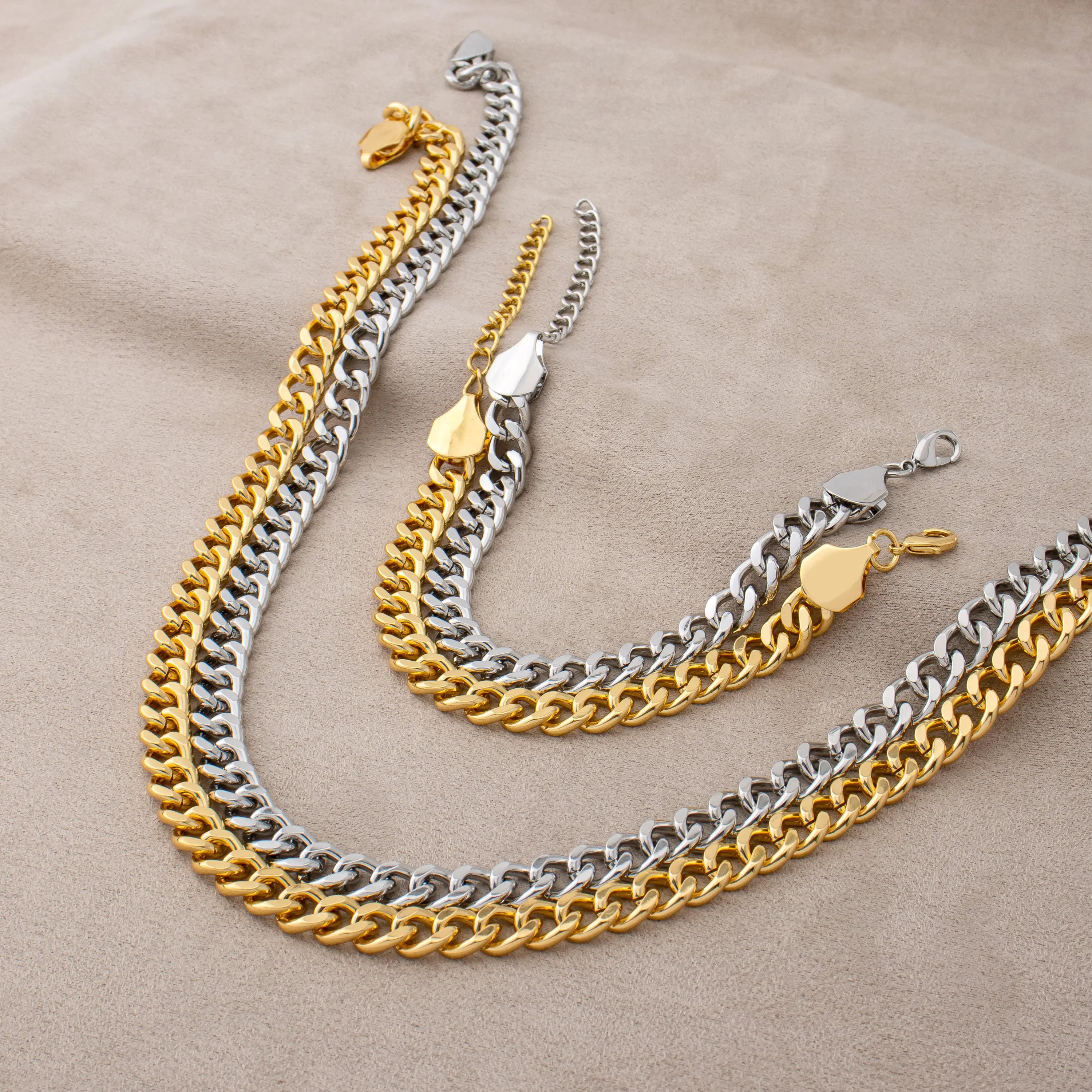 YM 2-Piece Flat Cuban Link Jewelry Set - 18K Gold/Silver Plated, Waterproof Hip Hop Necklace & Bracelet for Men
