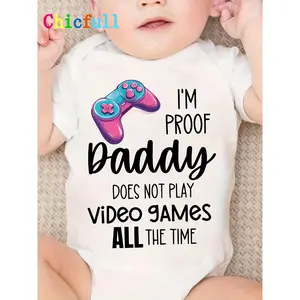 I'M PROOF Daddy DOES NOT PLAY VIDEO GAMES ALL THE TIME Baby Onesie - Cute White Cotton Romper with Playful Video Game Controller Graphic, Summer Comfortable and Breathable Fabric - Perfect Gift for Father's Day, Baby Shower, and New Parents!