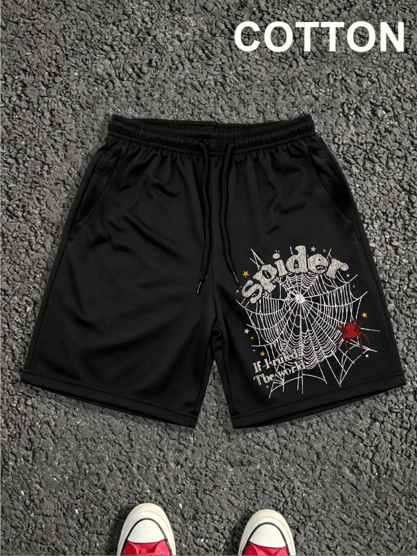 1 PCS Crackle Spider Web Red Spider If I Ruled The World Distressed Graphic Print, Grunge Y2K Gothic Streetwear Athletic Bottoms, Soft Breathable Unisex Shorts For Skate Goth Fans Summer Daily Outfit