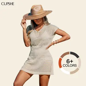 CUPSHE Boho V-Neck Crochet Beach Cover Up Swimsuit - Cinched Waist Slim Fit Mini Dress | 2026 Beach to Street Summer Vacation Essentials for Women Swimwear Coverups SpringStatements