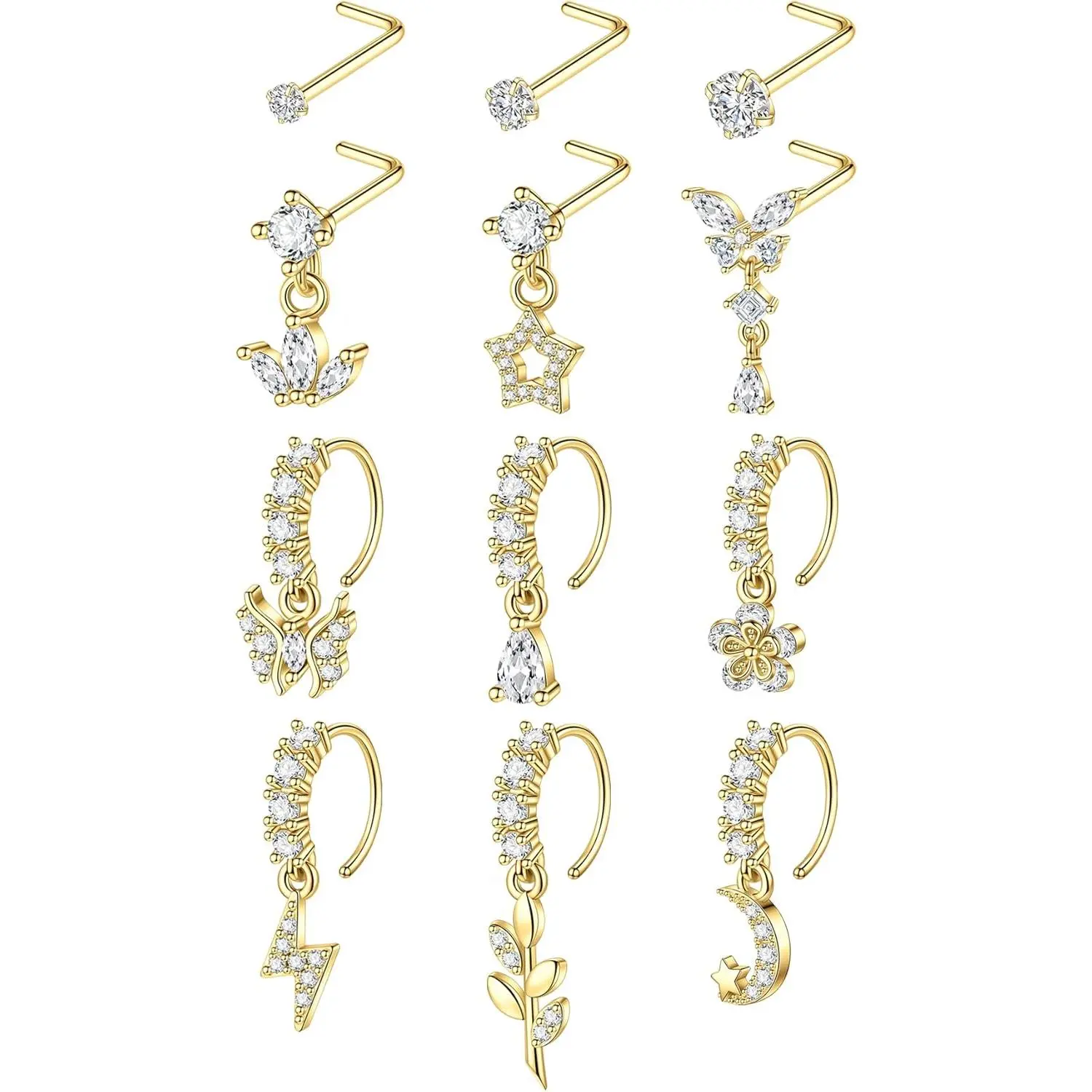 12Pcs 20G Dangle Nose Rings for Women Men L Shaped Nose Studs Dangling Nose Rings Hoops Stainless Steel CZ Heart Moon Star Nose Piercing Jewelry