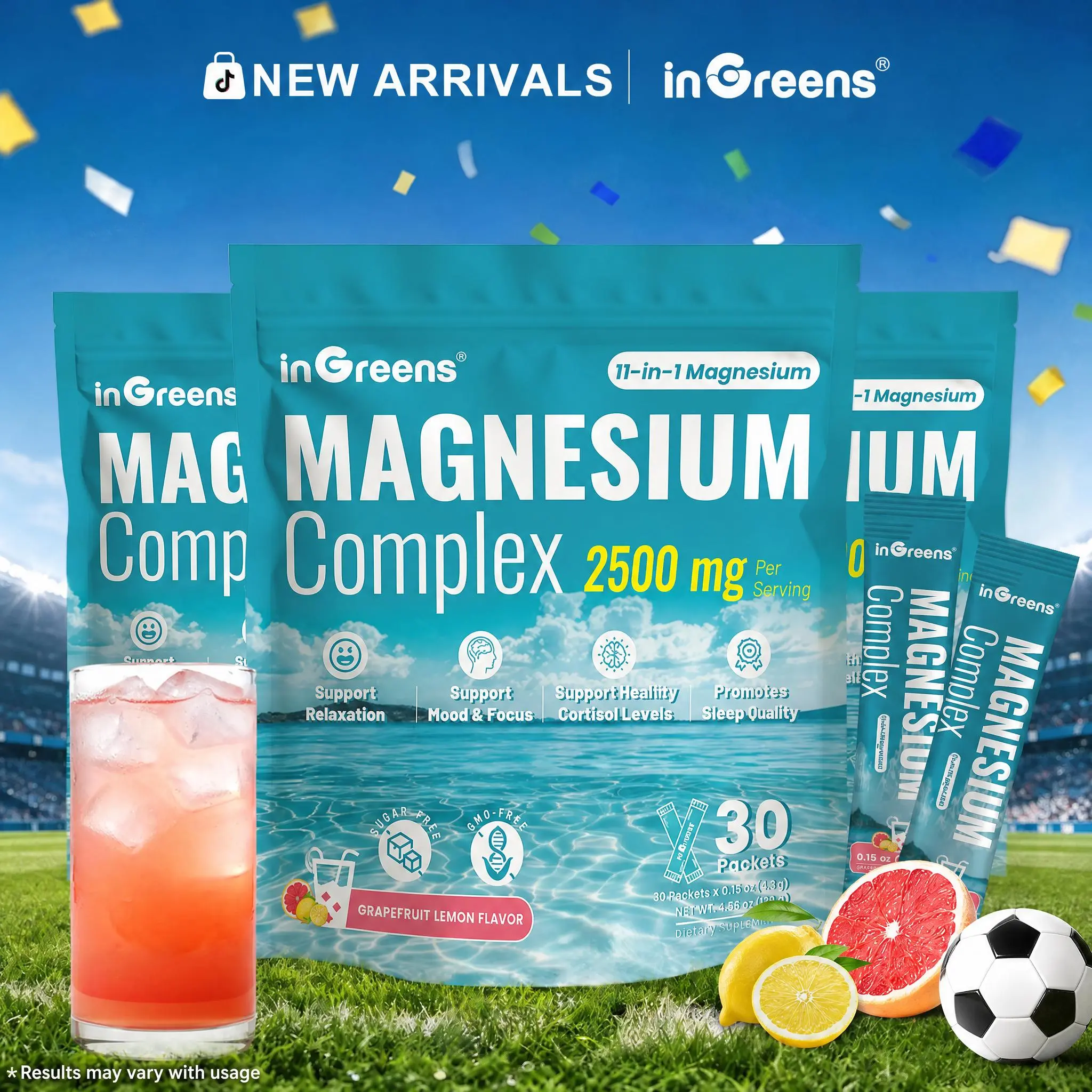 inGreens 11-in-1 Magnesium Complex Dietary Powder (2500mg) - Sugar-Free Mineral Supplement, 3-Pack (90 Sticks Total, Grapefruit Lemon Flavor) for Sleep Quality, Cortisol Balance