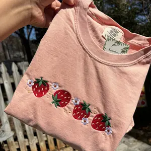 Strawberry and Daisies Embroidered Comfort Colors Peach Tee Comfortable Embroidery Tshirt Aesthetic