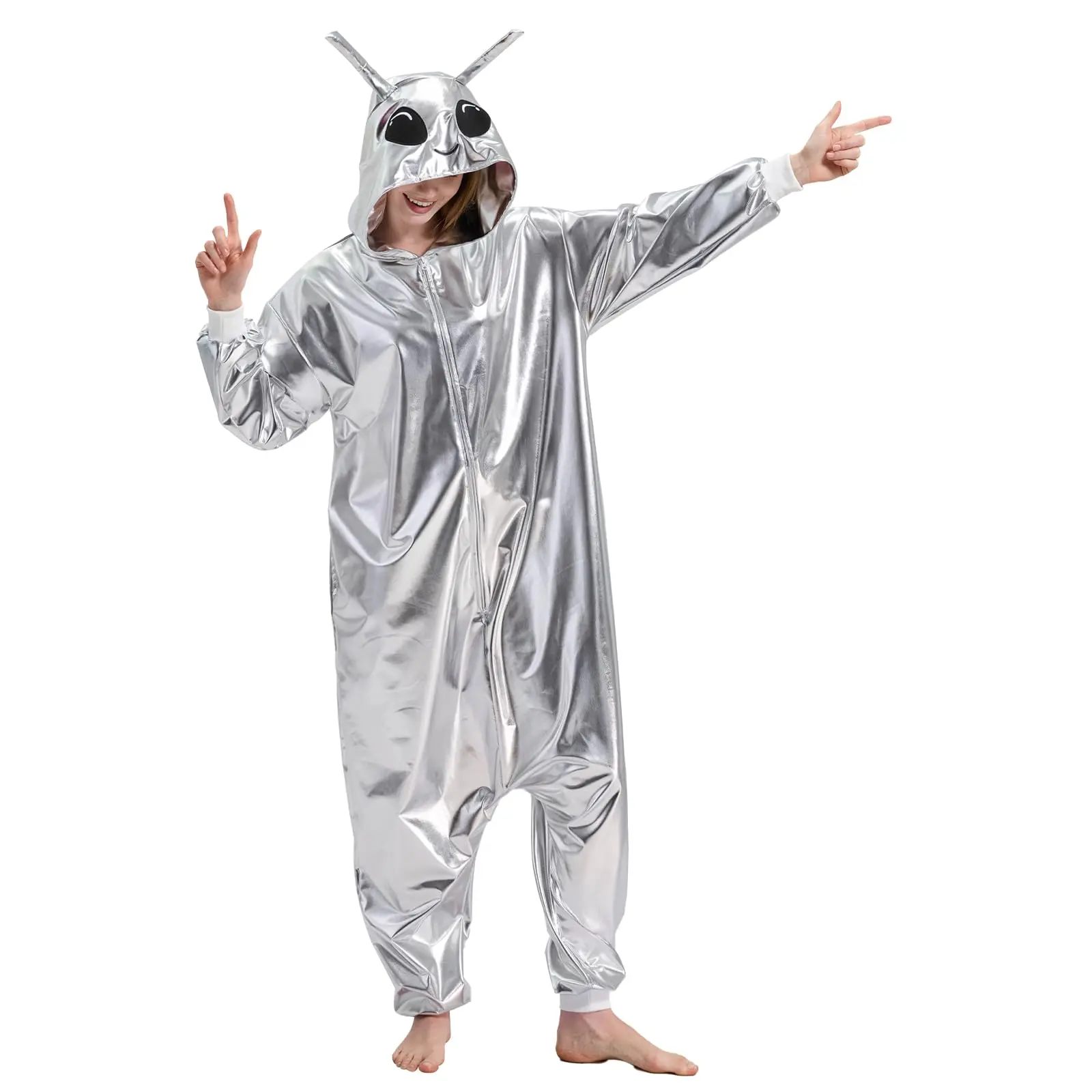 Women's Unisex Cut Alien Print Knitting Polyester Piece Nightwear - Comfortable Hooded Long Sleeve Cartoon Onesie, Stylish Casual All Seasons Halloween Party Cosplay Costume