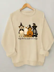 Women's Halloween Witch Print Fitted Round Neck Pullover Sweater, Casual Long Sleeve Summer Top, Daily Wear Fashion Clothing
