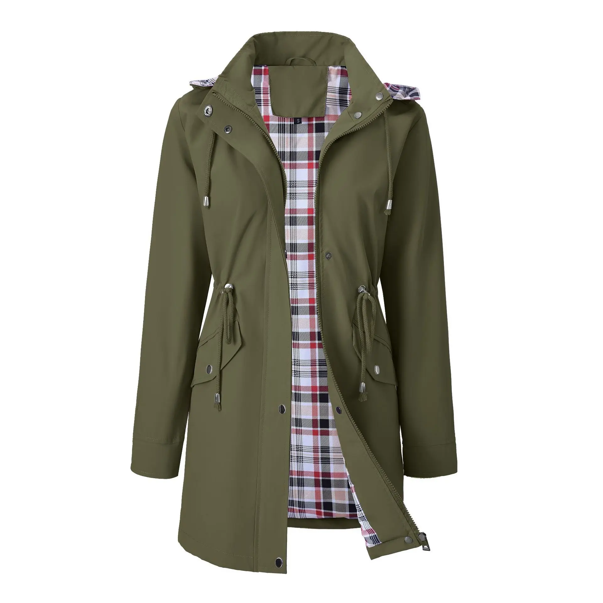Rain Coats for Women Waterproof Hooded Lightweight Windbreaker , Women's waterproof rain jacket, windproof trench coat, detachable hood, adjustable waist, snap pockets, striped plaid lining