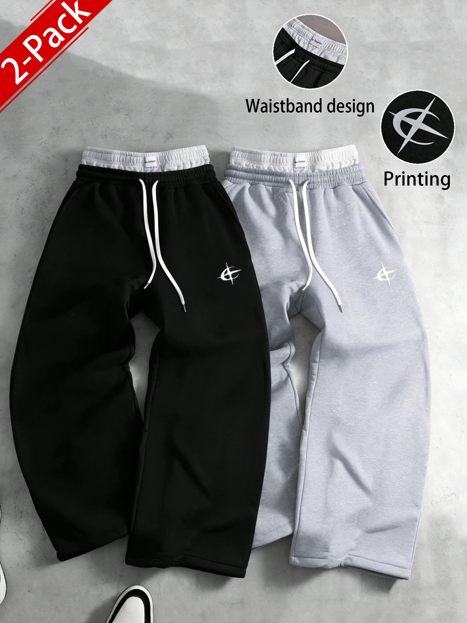Available in packs of 1/2/3; unisex Y2K street-style cool pants—original long pants. Casual design with two waistband areas for a faux two-piece look, star print, loose straight fit, and drawstring. Soft, comfortable athletic pants, perfect for everyday f