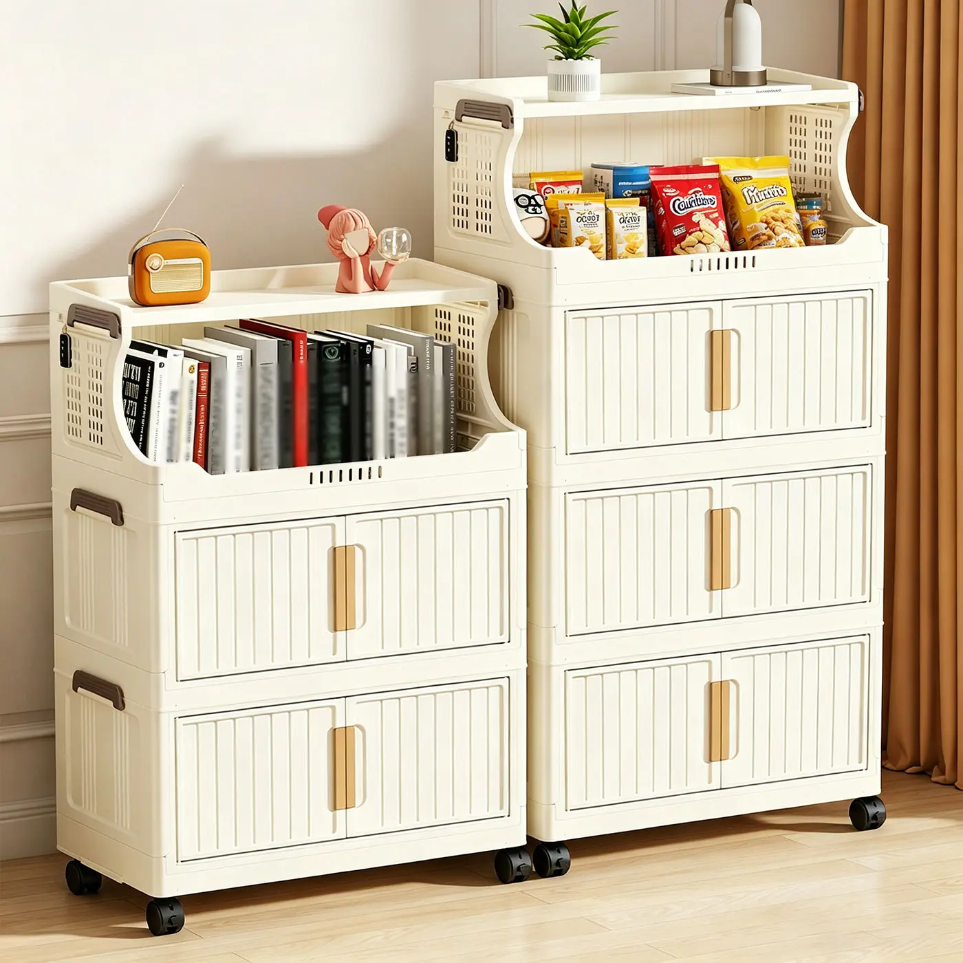No Assembly Foldable Stackable Storage Cabinet with Double Swing Doors & 360° Lockable Swivel Casters, Dustproof Modular Rolling Organizer for Bedroom, Bathroom, Laundry, Kitchen & Narrow Gaps