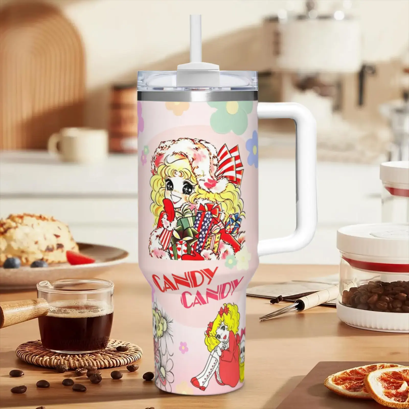 Candy Candy 40oz Tumbler for Your Beverages, Drinkware Water Bottle Cup Mug, Washable Portable Reusable Bottled Stylish, 40oz Tumbler with Handle, Candy Candy Design, Reusable Travel Cup, Daily Use Drinkware, Gift Idea