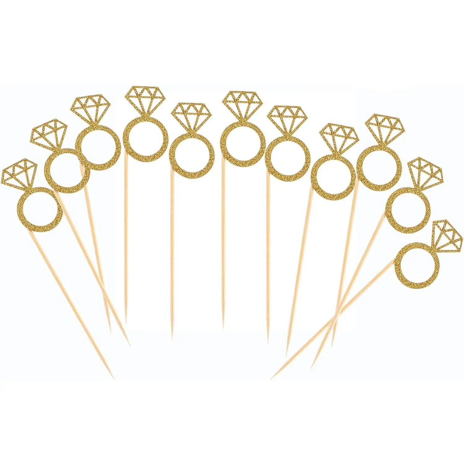 50 Pack Cupcake Toppers Gold Glitter Mini Diamond Ring Cakes Toppers for Marriage Engagement Anniversary Birthday Valentines Party Cake Decor