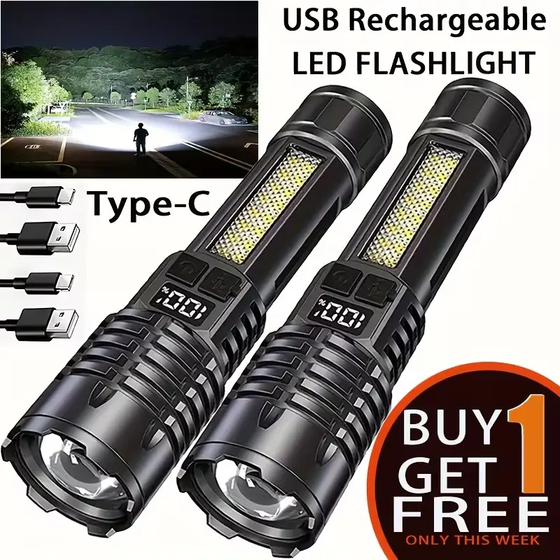 2PC High-Brightness Rechargeable LED Flashlights - 5 Smart Lighting Modes, COB Light, Tactical Accessories, Zoomable Torch, Handheld Digital Display - Camping, Emergency Home Improvement Portable Lighting Gear