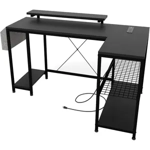 L Shaped Computer Desk with Power Outlets & LED Lights – 49.6" Reversible Corner Desk with Storage Shelves, Monitor Stand & Storage Bag for Home Office, Gaming & Writing