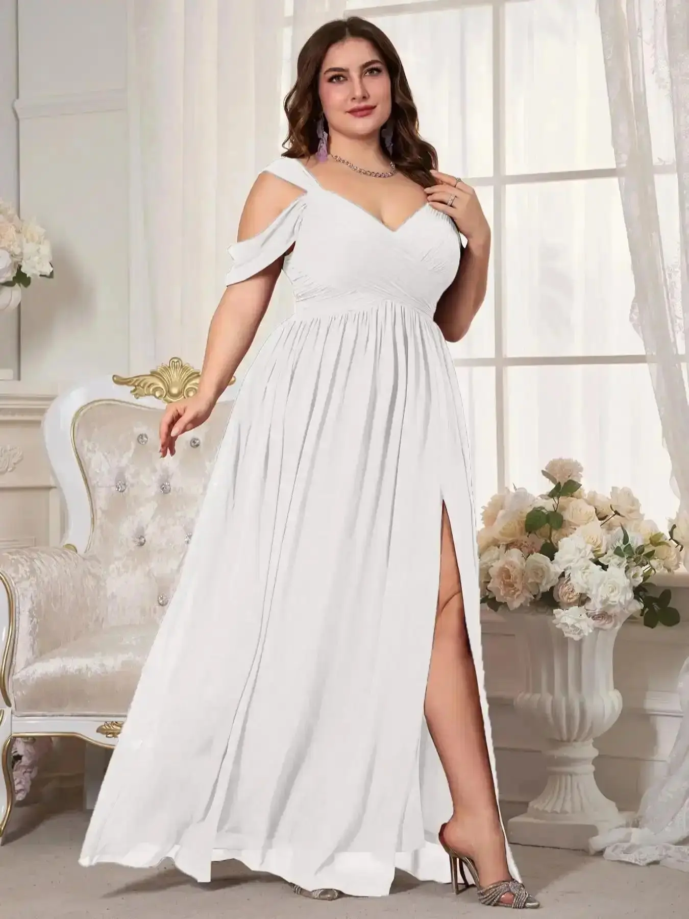 Elegant Chic V Neck Backless Ruched Waist Chiffon Maxi Dress, High Slit Bridesmaid Gown, Pure Color Flowy A-Line, Perfect for Weddings Breathable Flowing A Line Comfortable Cute Soft Lightweight Durable