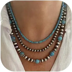 ChicBijoux S Navajo Pearl Necklace Earrings Set Western Turquoise Jewelry for Women Navajo Pearl Beaded Necklace for Nashville Outfit Western Dress Country Concert Accessories Gifts