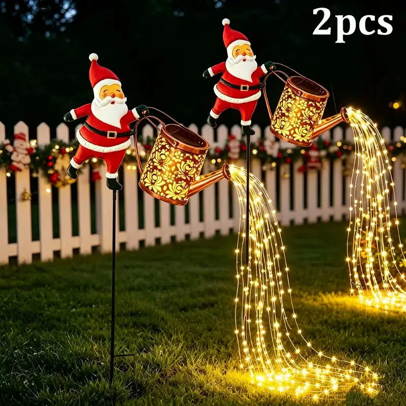 RUIDEL MICHAELS 2-Pack Solar Santa Watering Can Lanterns - IP56 Waterproof, Iron, Built-in Cells, Solar Outdoor Lights for Patio Deck, Home Christmas Yard Decor