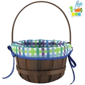 Easter Woven Basket with Lining, Brown Wooden Easter Egg Hunt Basket with Handle for Picnic,Goodie Storage, Gift Packing, Party Favors Supplies Decorations, Filling with Candy(12.4" x 9.1")