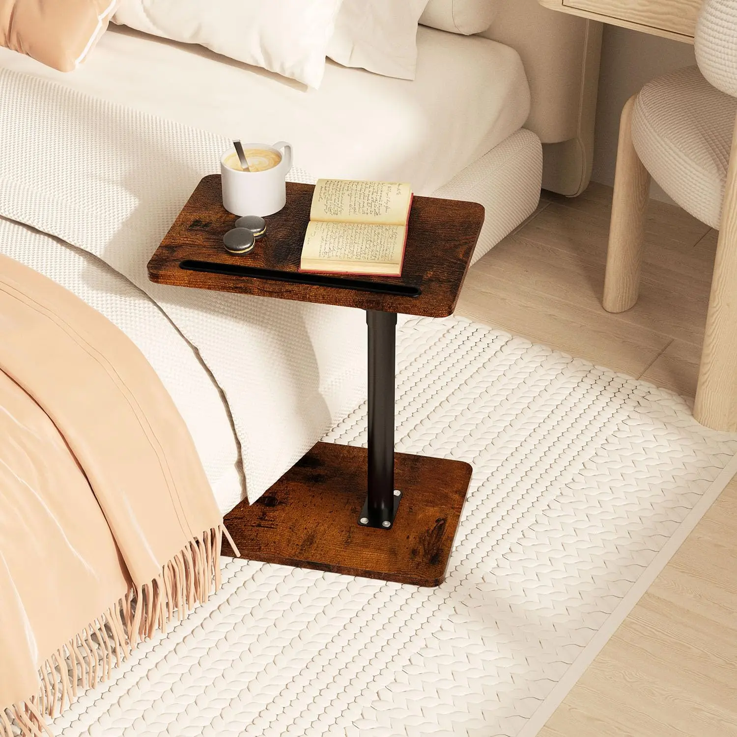 Rural Design Wood C-Shaped Swivel Side Table for Home - 360° Swivel, 18in-33in Adjustable Height, Small Space-Saving Compact Shape, Tray Handrail, Phone & Tablet Slots, Assembly Required (Sofa, Bed Use, Housewarming Gift Option)