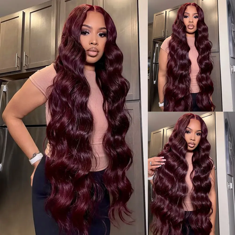 Burgundy Colored Body Wave Human Hair 13x4 Lace Frontal Human Hair Wigs 99J Burgundy Colored Human Hair Dark 99j 180% Density Pre Plucked  Human Hair Wigs for Women