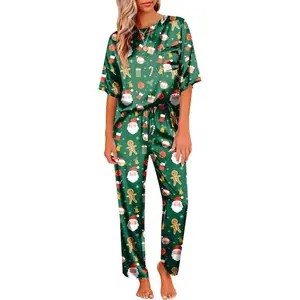 Women's Satin Silk Pajama Set, Short Sleeve Top & Long Pants, Soft Sleepwear for Women, Comfortable Loungewear for Home Use