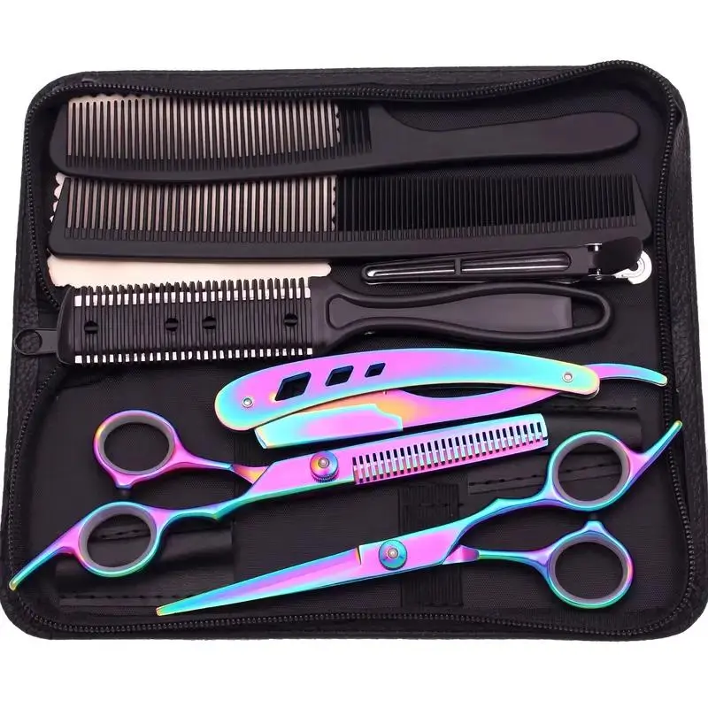 Japan Stainless Hair Scissors Set for Hairdressing, Hairdressing Tool Set, Thinning Shears and Barber Shop Quality, Barber Equipment, Includes Combs and Razor, Hair Cutting Kit, Barber Haircut Kit