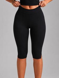 Women's High-Waisted Knee-Length Cycling Shorts, Side Slit Slim Fit Bike Pants, Stretch Waistband Sport Leggings, Soft Fabric