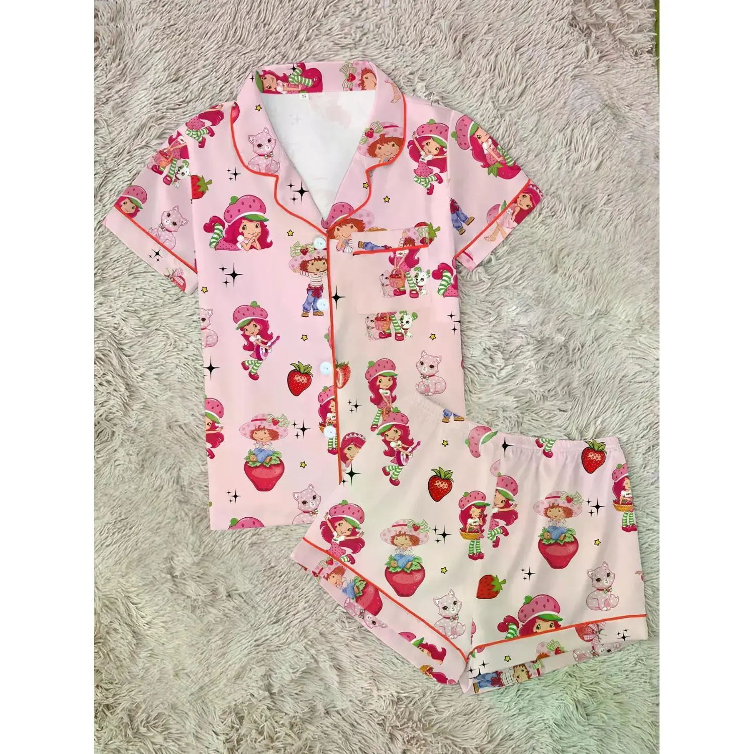Cute Vintage Strawberry Pajama Set for Women, Soft-Tone Short Sleeve Button Sleepwear, Cozy 2-Piece Summer Loungewear