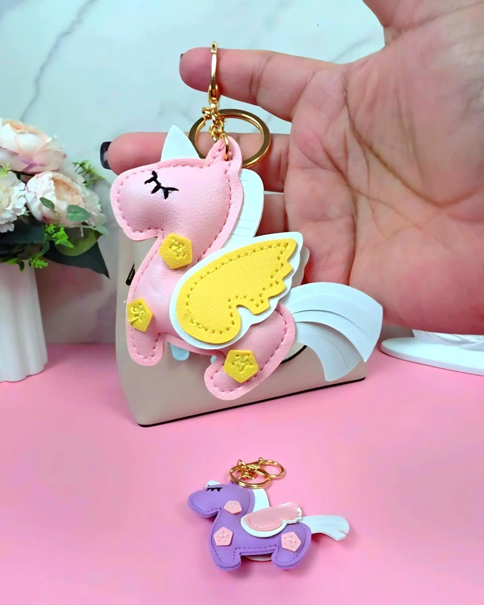 Vegan Leather Unicorn Keychain, Pastel Bag Charm, Kawaii Purse Accessory, Pink Green Purple