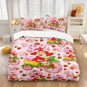 Cute Strawberry Shortcake Decorative Bedding Set, 1 Duvet Cover + 1/2 Pillowcases, Pink Gingham Cat & Bicycle Print Duvet Cover, Cozy Soft Breathable Fabric, All Season Lightweight Bed Set for Teens