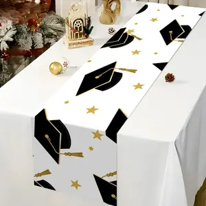 1pc Polyester Table Runner Graduation Caps and Golden Stars Holiday Season Party Table Cover Holiday Desktop Decoration Fabric Table Runner Home Decoration Dining Table Decor Gift