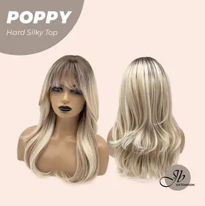 JBEXTENSION 21 Inches Scalpiana Curly Mix Blonde with Dark Root 3.5X4 Hard Silky Top Natural Scalp Effect Wig with Bangs POPPY