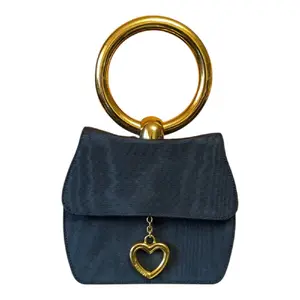 Pre-owned MOSCHINO VINTAGE MOSCHINO REDWALL BAG SATIN Handbag with Gold Heart Charm and Ring Handle Navy Black Satin
