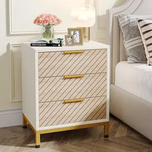 TRIBEWOOD Night Stands for Bedrooms, White and Gold Light Wood Grain Nightstands with 3 Drawers Bedside End Tables Storage for Bedroom