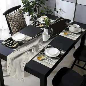 1 piece/5 piece set table flag+placemat set, Kitchen Decorative Placemat, with abstract black and white marble pattern design, suitable for daily use in home and wedding occasions