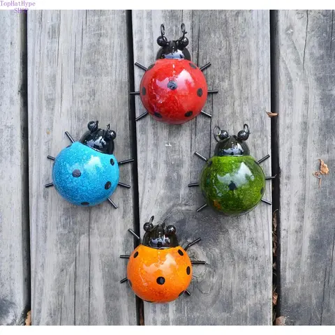 summerwins 4-Piece Rustic Durable Metal Ladybug Outdoor Wall Art Decor - Adorable Ladybugs Charm, Rain-Ready, Longevity, Cute Accents for Outdoor Fence Patio