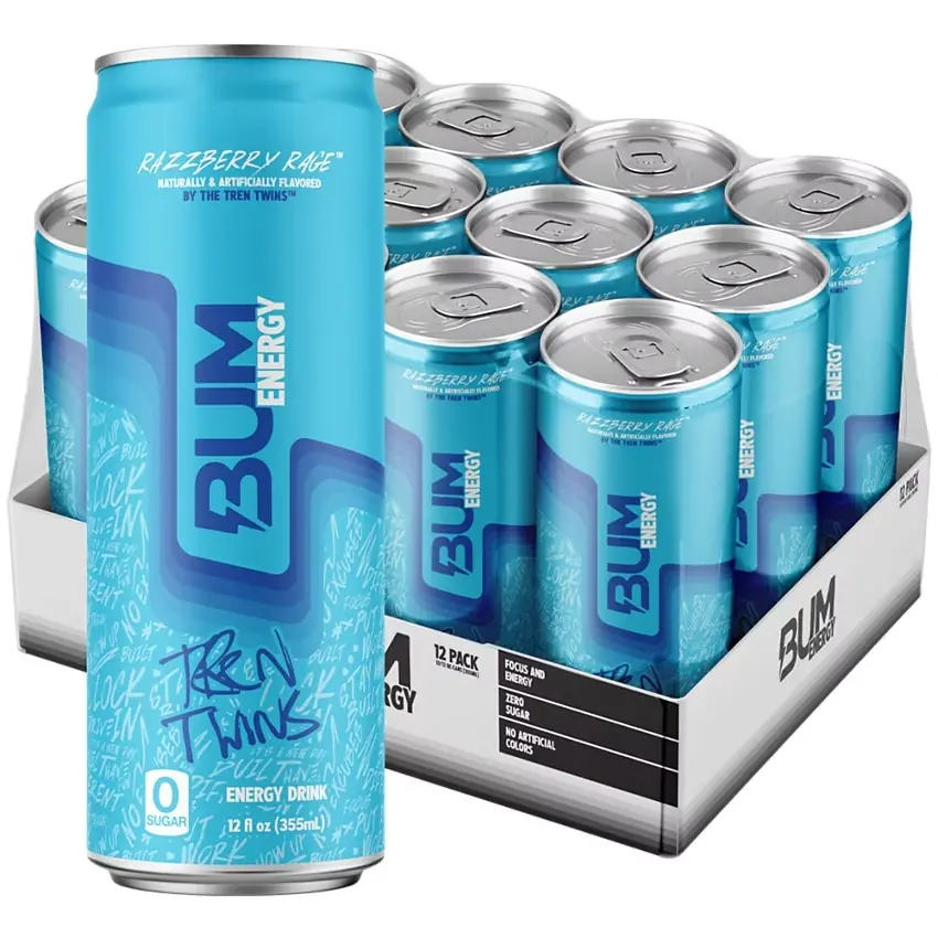 BUM Energy Natural Sugar-Protein-Fiber Sports Beverage - Limited Edition Razzberry Rage Tren Twins (12 Drinks, 12 Fl Oz Each)