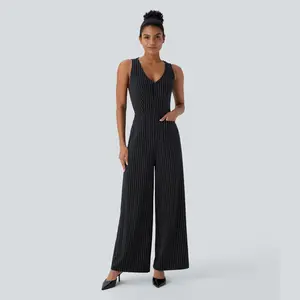 Halara V Neck Sleeveless Cut Out Pockets Wide Leg Stripe Cool Touch Work Jumpsuit