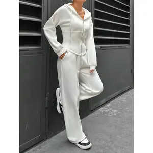 Women'S White Hooded Sweatshirt & Jogger Pants Set  - Casual Outfit for All Seasons, Allseason Outfit | Relaxed Fit Pants | Zippered Hoodie