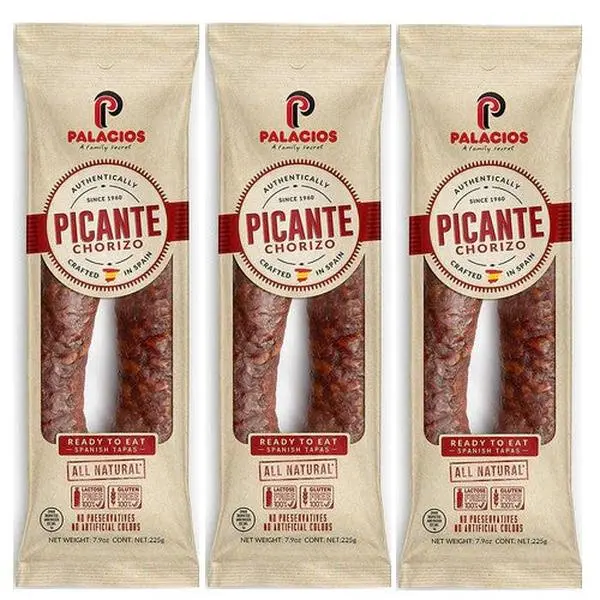 Palacios Authentic Spicy Chorizo Sausage Meat - Imported from Spain, 7.9 oz, Pack of 3, Pasta-Friendly Spice, Pantry Staple