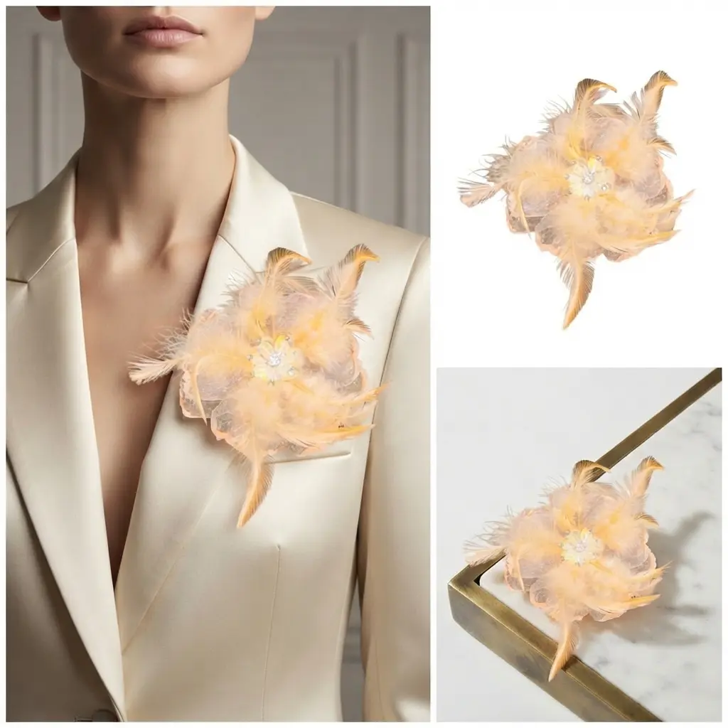 12cm/4.72in Multicolor Feather Rhinestone Floral Brooch Sewing Patch - Handmade Petite Collar Flower Shoulder Appliqué for Suits, Wedding Dresses