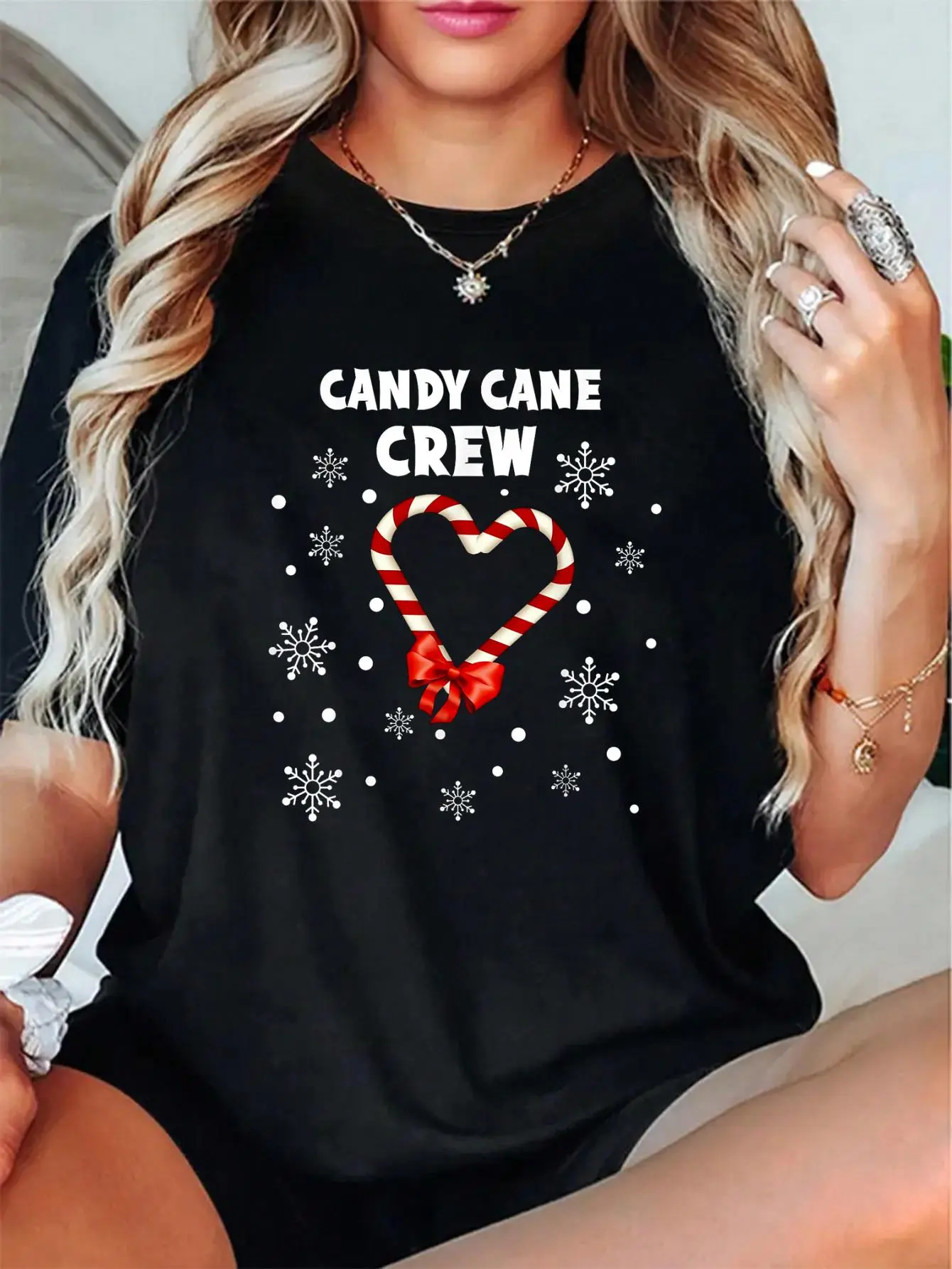 100% Cotton Unisex Candy Cane Crew Tshirt Sweets Candy Canes Shirt for Kids T-Shirt, Autumn Women's T-shirt Christmas Happy Letter Snowflake Fun Pattern