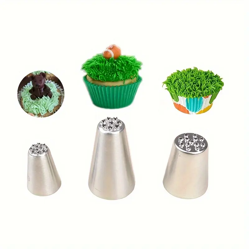 3pcs Grass Cream Nozzles Set, Stainless Steel Icing Tips for Cake Decoration, Cake Decorating Tools, Durable Pastry Tools for Cupcakes & Desserts