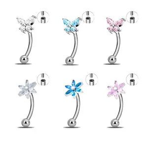 HERVAY 16G/8MM Hypoallergenic Titanium Eyebrow Ring Simple Silver Design with Blue Gemstone Butterfly & Flower Shapes Rook Helix Daith Snug Nose Hoop Compatible Unisex Fashionable Punk Piercing Jewelry