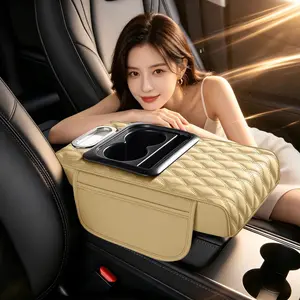 5-in-1 Car Organizer Glove Compartment Heightening Pad with Central Handrest & Water Cup Holder Storage Multi-Functional Tissue Box & Storage Bag for Car