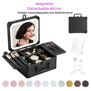 Qislee Travel Makeup Box with 2000mAh LED Mirror, Black Waterproof Cosmetic Bag with 2 Brush Boards, Portable Makeup Case with Adjustable Dividers